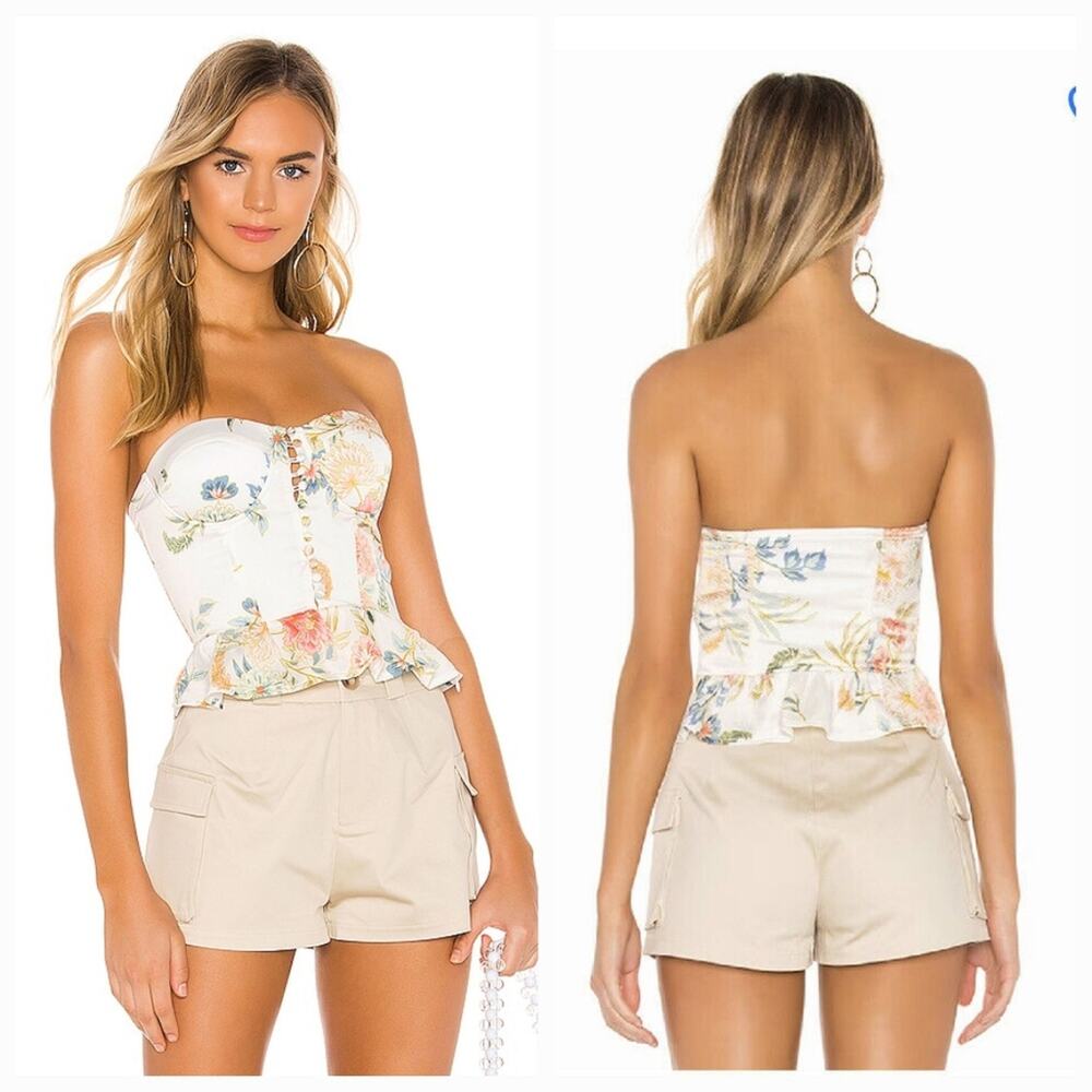 Superdown Lolita Bustier Peplum Top in White Floral XL